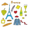 France set, vector illustration, Eiffel tower, croissant and other traditional food, wine, lavender sprig and clothing, hand Royalty Free Stock Photo