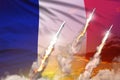 France supersonic warhead launch - modern strategic nuclear rocket weapons concept on sunset background, military industrial 3D