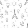 France symbols black and white vector seamless pattern. Repeating line background with Eiffel tower, Marianne, map, tricolor hot Royalty Free Stock Photo