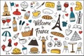 France symbols collection, Eiffel tower, croissant, cafe icons, vector illustrations of french flag and paris landmarks Royalty Free Stock Photo