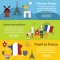 France travel banner horizontal set, flat style Royalty Free Stock Photo