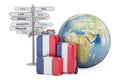 France travel concept. Suitcases with French flag, signpost