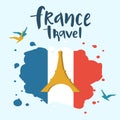 France travel lettering with Eiffel tower silhouette, flag and birds tourist design style template, brochure