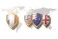 France and Us Australia and Great Britain flags in golden shield on copper texture background.aukus defense pact. france aukus