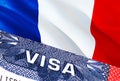 France Visa Document, with France flag in background. France flag with Close up text VISA on USA visa stamp in passport,3D Royalty Free Stock Photo