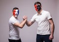 France vs Albania. Football fans of national teams friendly handshake Royalty Free Stock Photo