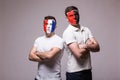 France vs Albania. Football fans of national teams before match on grey background. Royalty Free Stock Photo