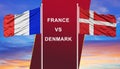 France vs. Denmark two flags on flagpoles and blue cloudy sky background. Royalty Free Stock Photo