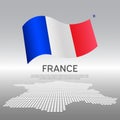 France wavy flag and mosaic map on light background. Creative background for the national French poster. Vector tricolor design