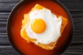 Francesinha Portuguese croque madame sandwich  close-up in a plate. Horizontal top view Royalty Free Stock Photo
