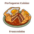 Francesinha sandwich on plate, typical food from Porto, Portugal. With fried egg