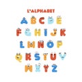 French colorful latin alphabet for kids with hand drawn cartoon characters.