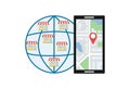 Franchise and SEO promotion concept. A city map on a smartphone screen with a geolocation point, a globe with icons of stores Royalty Free Stock Photo