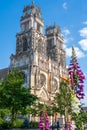 Side view through flowers and trees of gothic medieval cathedral in Orleans Royalty Free Stock Photo