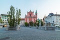 Franciscan Church of the Annunciation and Preseren Square in Ljubljana in the morning Royalty Free Stock Photo