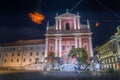 Franciscan church with pink facade in Ljubljana city, Slovenia Royalty Free Stock Photo