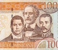 Francisco Del Rosario Sanchez portrait with Matias Ramon Mella and Juan Pablo Duarte depicted on old one hundred peso note
