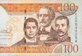 Francisco Del Rosario Sanchez portrait with Matias Ramon Mella and Juan Pablo Duarte depicted on old one hundred peso note