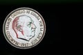 Francisco Franco Five Pesetas Coin 1957 Obverse Reverse Macro Copy Space Black Background