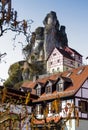 Rock formations with houses Franconian Switzerland Germany Royalty Free Stock Photo