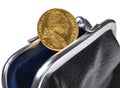 20 francs gold coin in an open purse is isolated on a white background