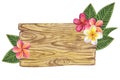 Frangipani, Plumeria wooden signboard. Green palm leaves yellow pink flowers. Jungle tropical exotic foliage. Hand-drawn Royalty Free Stock Photo