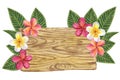 Frangipani, Plumeria wooden signboard. Green palm leaves yellow pink flowers. Jungle tropical exotic foliage. Hand-drawn Royalty Free Stock Photo