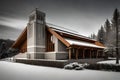 frank Lloyd catholic church in snow near tall trees.Ai generated