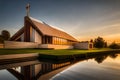 frank lloyd wright buit a cathoclic church near water and beautiful back ground Ai generated