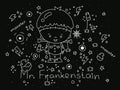 A frankenstain illustration in doodle design on a black background