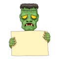 Frankenstein holding blank banner. Royalty Free Stock Photo