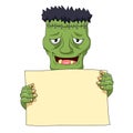 Frankenstein holding blank banner. Royalty Free Stock Photo