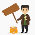 Frankenstein Holding a Wooden Sign and Lollipops, Halloween Cartoon Vector Royalty Free Stock Photo