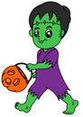 Frankenstein illustration cute holding pumpkin bucket for candies chocolates cookies halloween costume party colouring page book