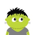 Frankenstein monster. Cute cartoon funny spooky baby character. Happy Halloween. Green head face. Greeting card. Flat design. Whit