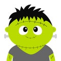 Frankenstein monster. Happy Halloween. Cute cartoon funny spooky baby character. Green head face. Greeting card. Flat design. Whit