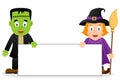 Frankenstein & Witch with Blank Banner Royalty Free Stock Photo