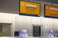 An empty Lufthansa check-in desk at the Frankfurt International Airport Royalty Free Stock Photo