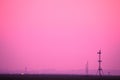 Frankfurt Airport at sunrise, pink sky, FRA, runway view