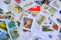 Frankfurt - August 2021: large set of mixed parts of envelopes and postage stamps from different countries, many objects, Royalty Free Stock Photo