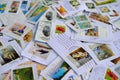 Frankfurt - August 2021: large set of mixed parts of envelopes and postage stamps from different countries, many objects, Royalty Free Stock Photo