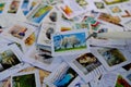 Frankfurt - August 2021: large set mixed parts envelopes, postage stamps from different countries, philatelist holding one object