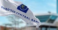 Close-up of the European Central Bank flag waving in the wind