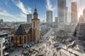 Frankfurt Downtown near Hauptwache with Katharinenkirche, Skyline in Background during sunset