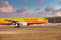 Frankfurt, Germany - 25.03.2021- airplane from german dhl in departure from airport frankfurt main with cloudy wheather