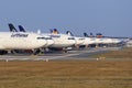 Lufthansa airplanes during Coronavirus Corona Virus COVID-19 at Frankfurt airport FRA in Germany