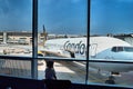 FRANKFURT, GERMANY - August 29, 2018: The girl is standing at the airport in FRANKFURT and looks at the plane Boeing 767 companie Royalty Free Stock Photo