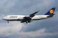 Lufthansa Boeing 747-400 D-ABTF passenger plane landing at Frankfurt airport Royalty Free Stock Photo