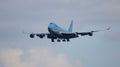 FRANKFURT, GERMANY - FEB 28th, 2015: A Korean Air Boeing 747-4B5ERF - MSN 33946 - HL7601 - freighter - approaching