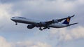 FRANKFURT, GERMANY - FEB 28th, 2015: Lufthansa Airbus A340-600 of Lufthansa airline landing at Frankfurt International Royalty Free Stock Photo